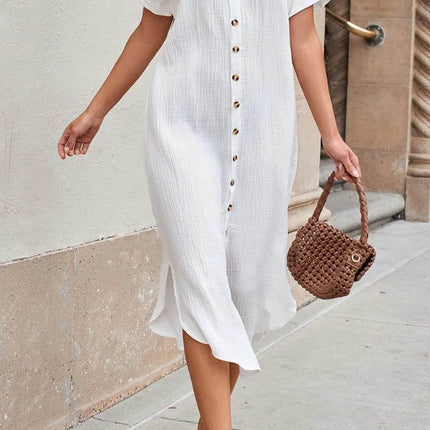 Button Down Short Sleeve Midi Shirt Dress - MimiStylez