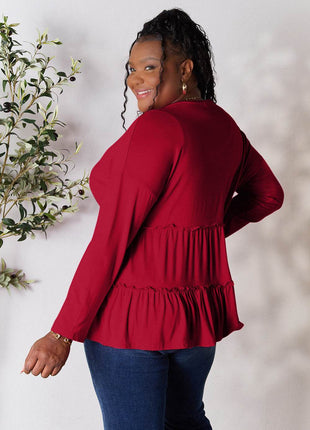Double Take Half Button Long Sleeve Ruffle Hem Blouse - MimiStylez