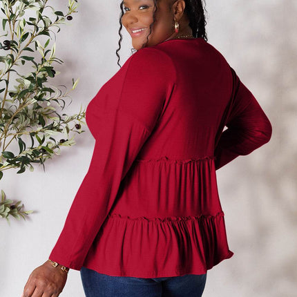 Double Take Half Button Long Sleeve Ruffle Hem Blouse - MimiStylez