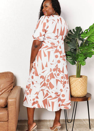 Printed Surplice Balloon Sleeve Dress - MimiStylez