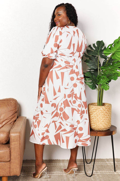 Printed Surplice Balloon Sleeve Dress - MimiStylez