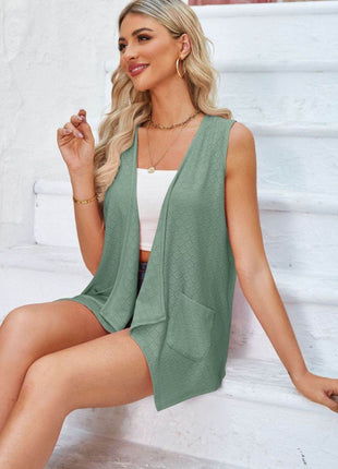 Eyelet Open Front Sleeveless Cardigan - MimiStylez