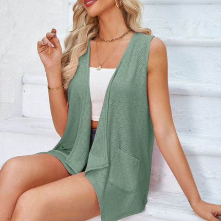 Eyelet Open Front Sleeveless Cardigan - MimiStylez