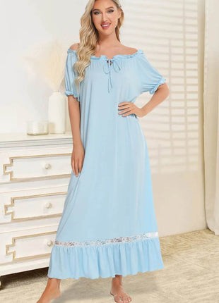 Lace Detail Short Sleeve Lounge Dress - MimiStylez