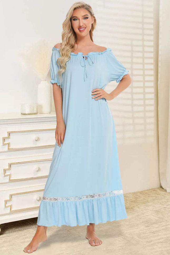 Lace Detail Short Sleeve Lounge Dress - MimiStylez