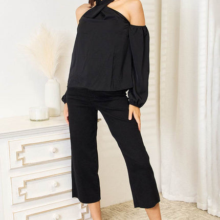 Grecian Cold Shoulder Long Sleeve Blouse - MimiStylez