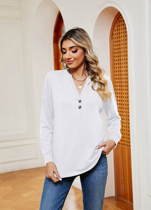 Buttoned Notched Neck Long Sleeve Top - MimiStylez