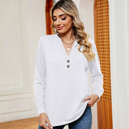 Buttoned Notched Neck Long Sleeve Top - MimiStylez