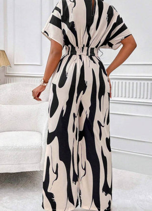 Printed V-Neck Short Sleeve Wide Leg Jumpsuit - MimiStylez