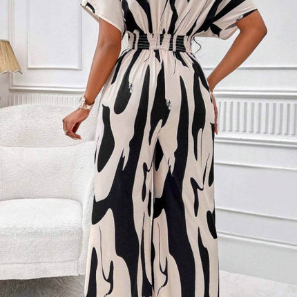 Printed V-Neck Short Sleeve Wide Leg Jumpsuit - MimiStylez