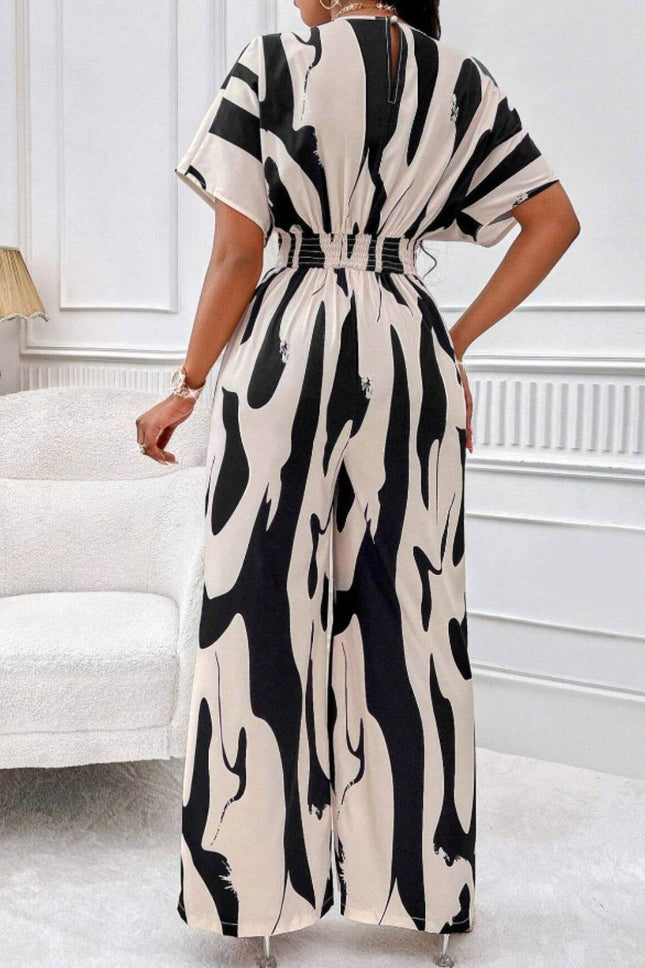 Printed V-Neck Short Sleeve Wide Leg Jumpsuit - MimiStylez