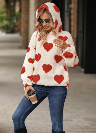 Fuzzy Heart Pocketed Dropped Shoulder Hoodie - MimiStylez