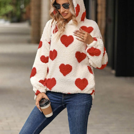 Fuzzy Heart Pocketed Dropped Shoulder Hoodie - MimiStylez