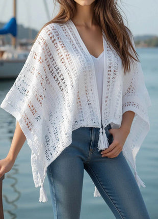 Openwork Tassel Open Front Knit Cover Up - MimiStylez