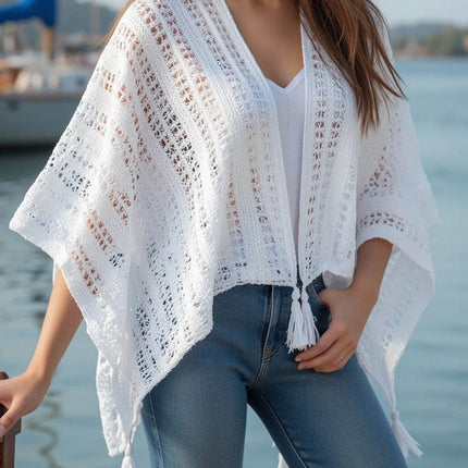 Openwork Tassel Open Front Knit Cover Up - MimiStylez