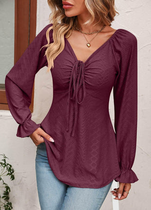 Tie Front V-Neck Puff Sleeve Blouse - MimiStylez