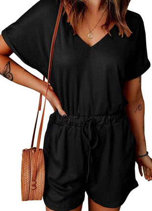 Full Size Drawstring V-Neck Short Sleeve Romper - MimiStylez
