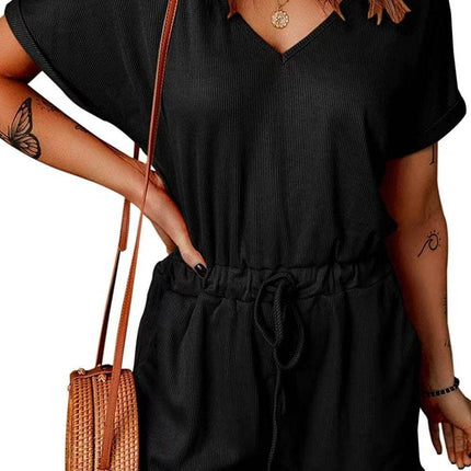 Full Size Drawstring V-Neck Short Sleeve Romper - MimiStylez