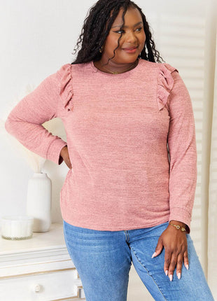 Double Take Ruffle Shoulder Long Sleeve T-Shirt - MimiStylez