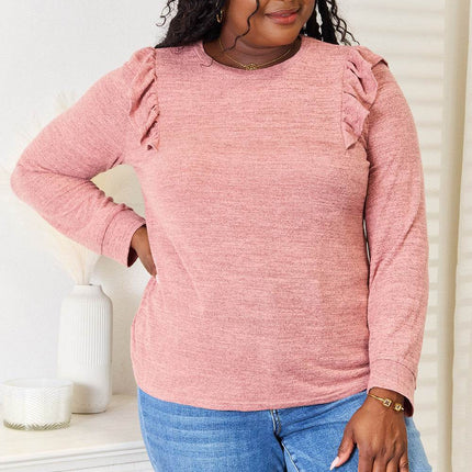 Double Take Ruffle Shoulder Long Sleeve T-Shirt - MimiStylez