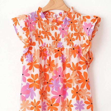 Printed Round Neck Cap Sleeve Blouse - MimiStylez