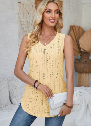 Eyelet Decorative Button V-Neck Tank - MimiStylez