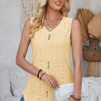 Eyelet Decorative Button V-Neck Tank - MimiStylez