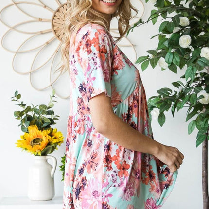 Heimish Full Size Floral V-Neck Short Sleeve Babydoll Blouse - MimiStylez