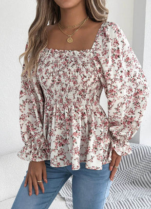 Floral Square Neck Flounce Sleeve Blouse - MimiStylez