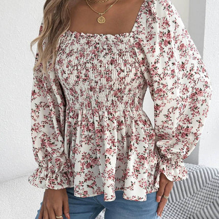 Floral Square Neck Flounce Sleeve Blouse - MimiStylez