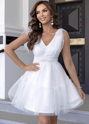 V-Neck Shoulder Detail Mesh Dress - MimiStylez