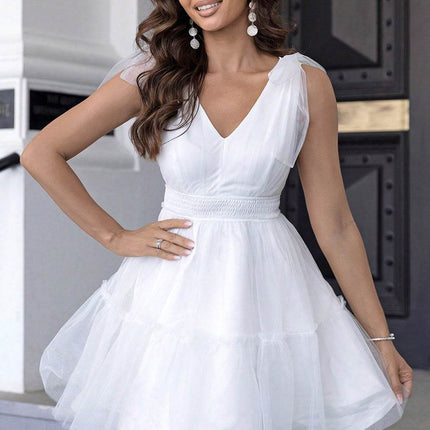 V-Neck Shoulder Detail Mesh Dress - MimiStylez