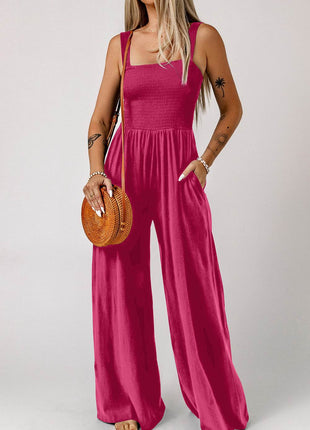 Smocked Square Neck Wide Leg Jumpsuit with Pockets - MimiStylez