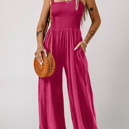 Smocked Square Neck Wide Leg Jumpsuit with Pockets - MimiStylez