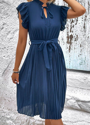 Tie Neck Belted Pleated Dress - MimiStylez