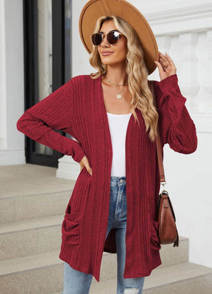 Pocketed Open Front Long Sleeve Cardigan - MimiStylez