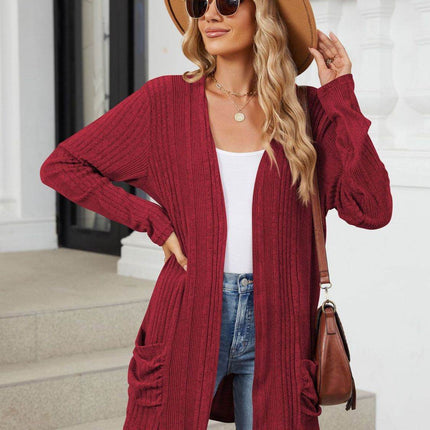 Pocketed Open Front Long Sleeve Cardigan - MimiStylez