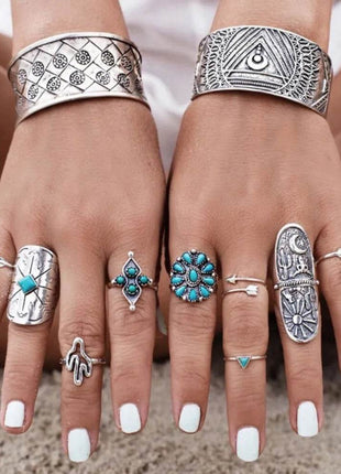 Alloy Turquoise 9-Piece Ring Set - MimiStylez