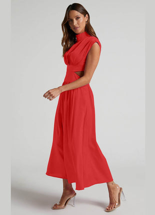 Cutout Mock Neck Sleeveless Ruched Dress - MimiStylez