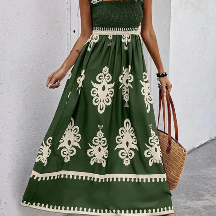 Smocked Printed Wide Strap Maxi Dress - MimiStylez