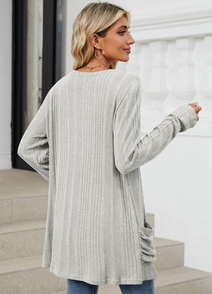Pocketed Open Front Long Sleeve Cardigan - MimiStylez