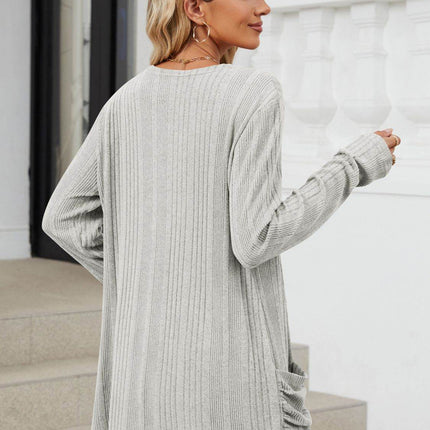 Pocketed Open Front Long Sleeve Cardigan - MimiStylez