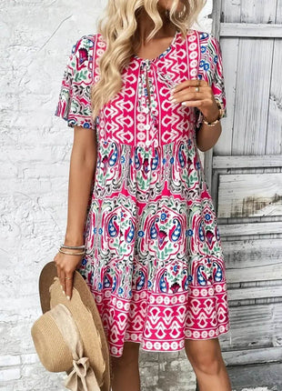Printed Tie Neck Short Sleeve Dress - MimiStylez