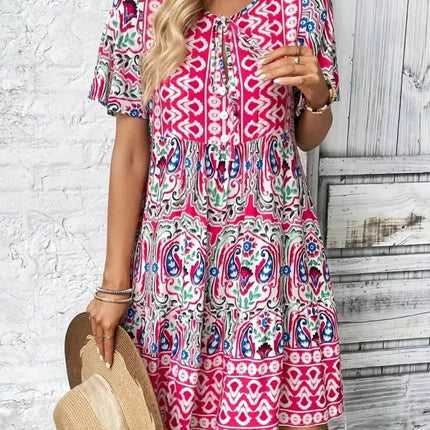 Printed Tie Neck Short Sleeve Dress - MimiStylez