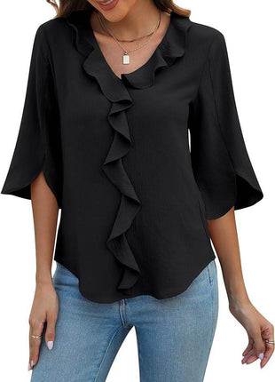 Loose V-neck Flounce Shirt - MimiStylez