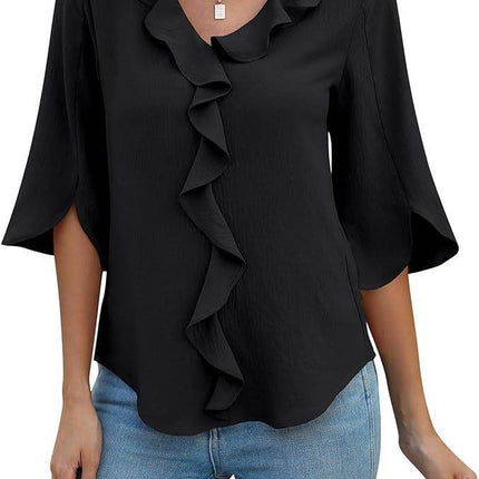 Loose V-neck Flounce Shirt - MimiStylez