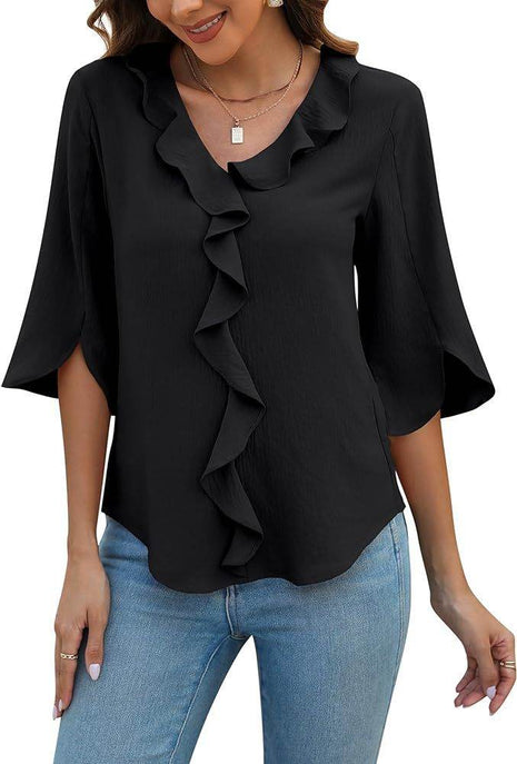 Loose V-neck Flounce Shirt - MimiStylez