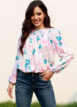 Floral Smocked Balloon Sleeve Round Neck Blouse - MimiStylez