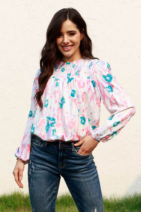 Floral Smocked Balloon Sleeve Round Neck Blouse - MimiStylez
