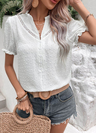 Swiss Dot Buttoned Puff Sleeve Blouse - MimiStylez